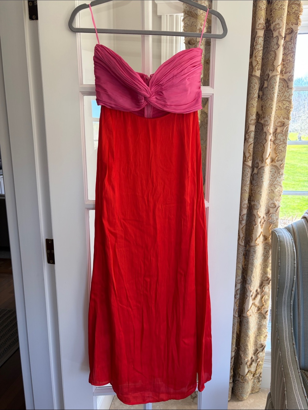 Pleated Bust Two-Tone Pink and Red Strapless Dress